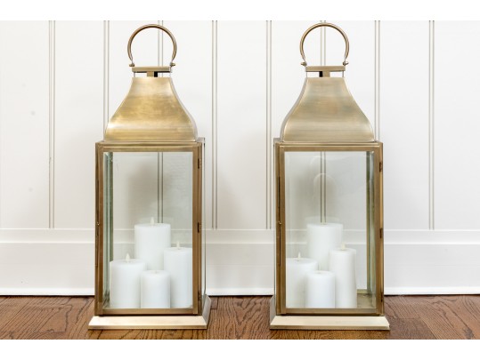 Pair Of Bronzed Finished Metal And Glass Hanging Lanterns