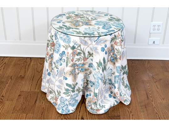 Bennison “Wheat Flower” Pattern Upholstered Skirted Table With Glass Top