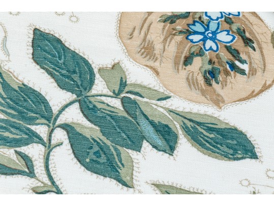 Bennison “Wheat Flower” Pattern Upholstered Skirted Table With Glass Top