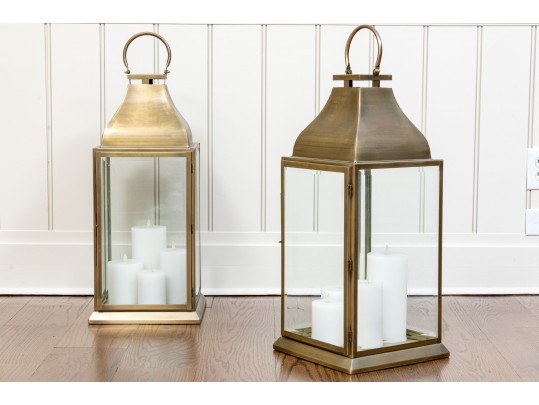 Pair Of Bronzed Finished Metal And Glass Hanging Lanterns