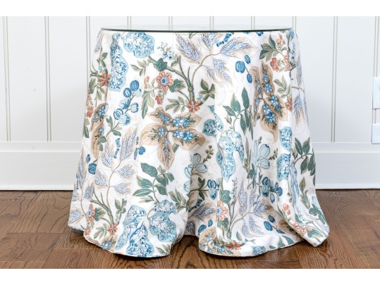 Bennison “Wheat Flower” Pattern Upholstered Skirted Table With Glass Top