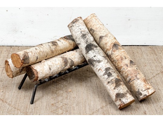 Collection Of An Iron Fire Log Stand With Five Birch Branch Segments