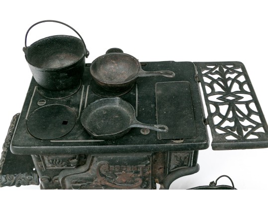 Antique Miniature Cast Iron Stove By Crescent With Accessories