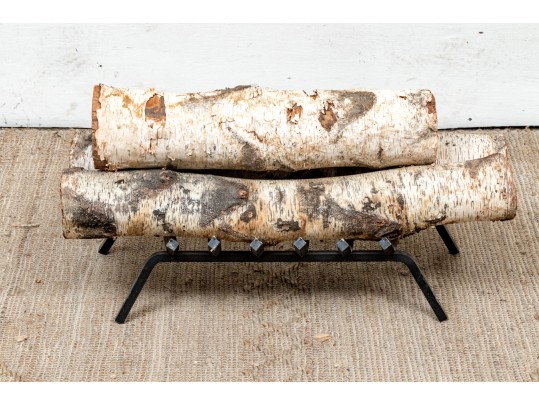 Collection Of An Iron Fire Log Stand With Five Birch Branch Segments