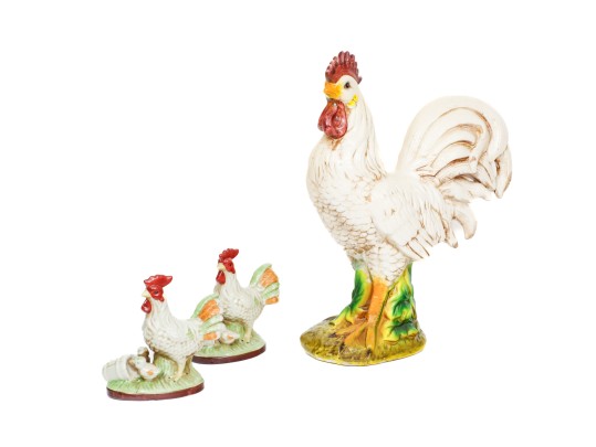 Trio Of Majolica Style Ceramic Roosters