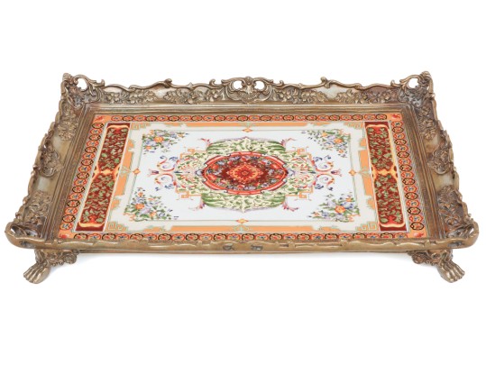 Decorative Castilian Ceramic And Brass Mounted Footed Tray