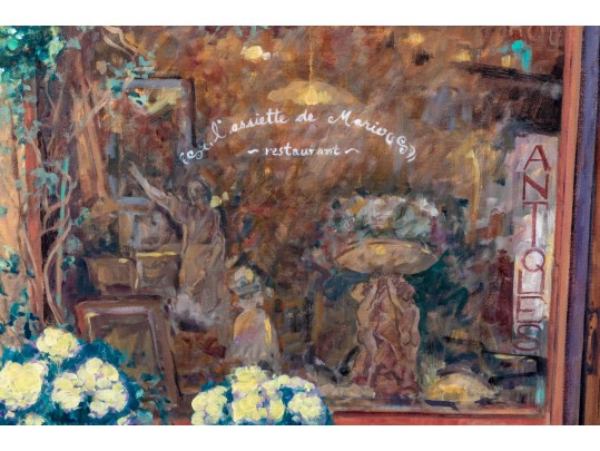 Signed Oil On Canvas, Street Scene In Front Of A Bistro