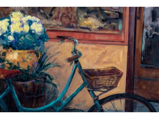 Signed Oil On Canvas, Street Scene In Front Of A Bistro