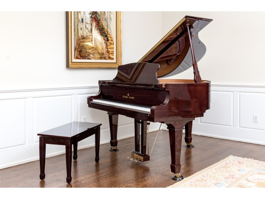 Young Chang Lacquered Mahogany Baby Grand Piano With Piano Bench