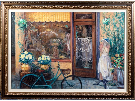 Signed Oil On Canvas, Street Scene In Front Of A Bistro