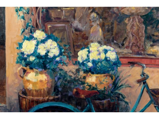 Signed Oil On Canvas, Street Scene In Front Of A Bistro