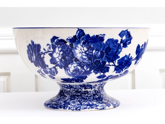Large English Royal Doulton Footed Blue And White Ceramic Centerpiece Or Punch Bowl
