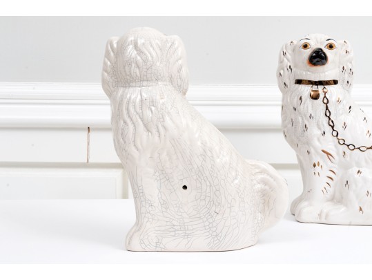 Pair Of Antique Staffordshire Hand-Painted Ceramic Spaniels, Ca. 1850-1885