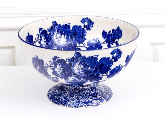 Large English Royal Doulton Footed Blue And White Ceramic Centerpiece Or Punch Bowl