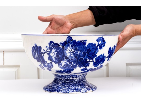 Large English Royal Doulton Footed Blue And White Ceramic Centerpiece Or Punch Bowl