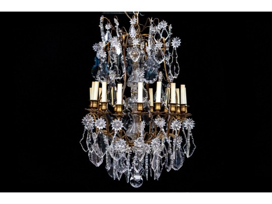 Marvelous Semi-antique Brass Sixteen Light Brass And Crystal Chandelier