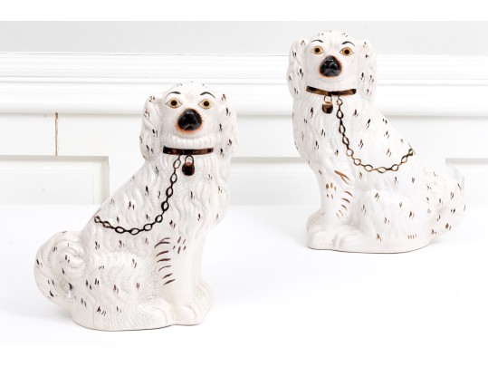 Pair Of Antique Staffordshire Hand-Painted Ceramic Spaniels, Ca. 1850-1885