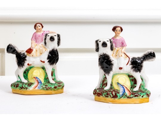 Pair Of English Hand-Painted Ceramic Figures Of Girls On Dogs
