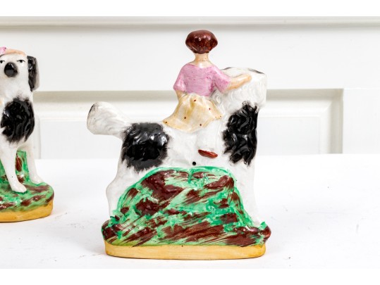 Pair Of English Hand-Painted Ceramic Figures Of Girls On Dogs