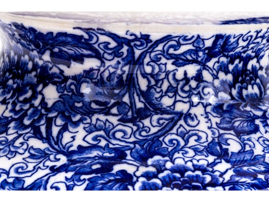 Large English Royal Doulton Footed Blue And White Ceramic Centerpiece Or Punch Bowl