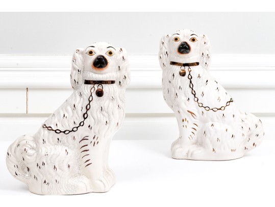 Pair Of Antique Staffordshire Hand-Painted Ceramic Spaniels, Ca. 1850-1885