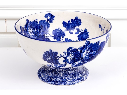 Large English Royal Doulton Footed Blue And White Ceramic Centerpiece Or Punch Bowl