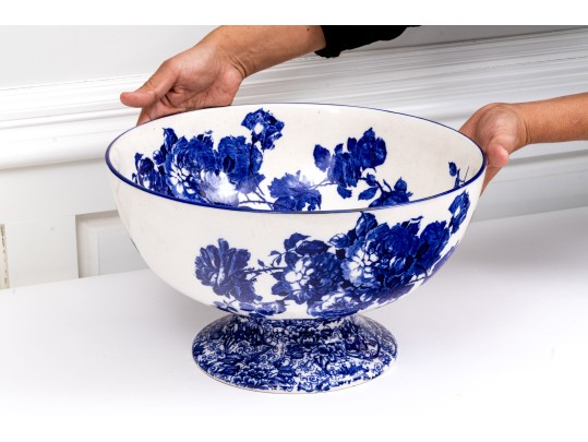 Large English Royal Doulton Footed Blue And White Ceramic Centerpiece Or Punch Bowl