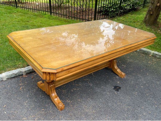 Stately Well Carved And Finished Trestle Table On Two Ends With Glass Top