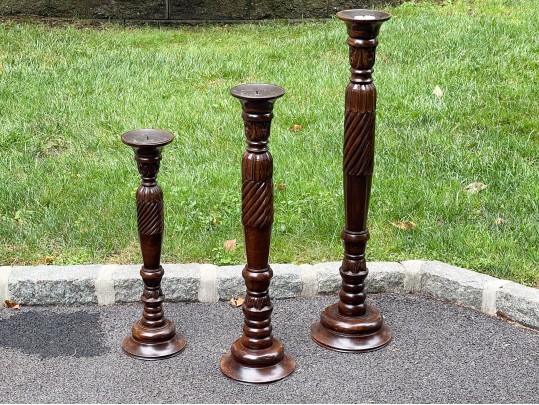 Decorative Set Of Three Carved Floor Pricket Candlesticks