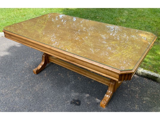Stately Well Carved And Finished Trestle Table On Two Ends With Glass Top