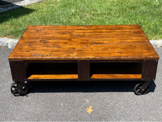 Awesome Industrial Iron Bound Wooden Two Tier Cocktail Table On Large Casters