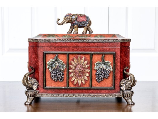 Ornately Decorative Hinged Jewelry Casket With Elephant Motifs