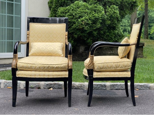 Pair Of Century Furniture. Egyptian Revival Black Lacquered Armchairs