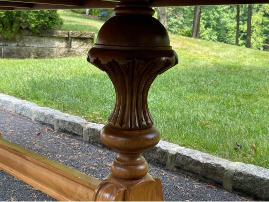Stately Well Carved And Finished Trestle Table On Two Ends With Glass Top