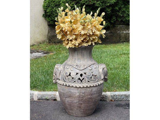 Ornate Large Ceramic Floor Vase With Faux Floral Bouquet