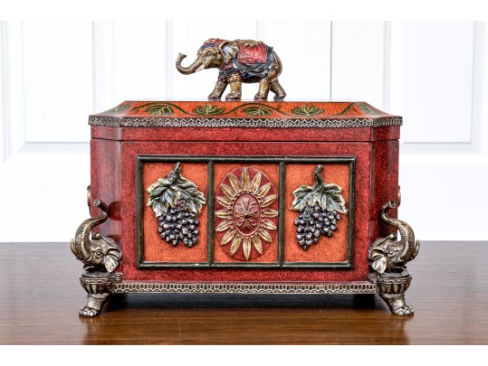 Ornately Decorative Hinged Jewelry Casket With Elephant Motifs