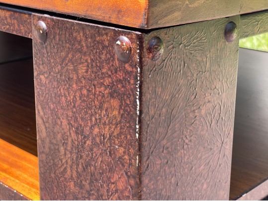 Awesome Industrial Iron Bound Wooden Two Tier Cocktail Table On Large Casters