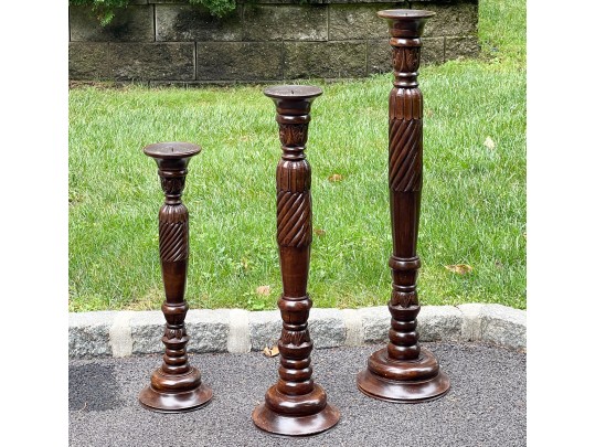 Decorative Set Of Three Carved Floor Pricket Candlesticks