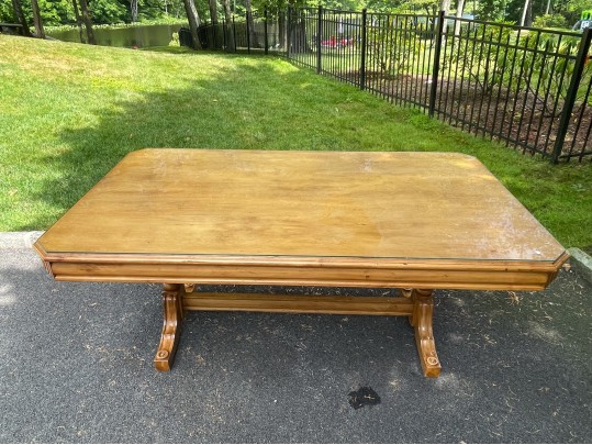 Stately Well Carved And Finished Trestle Table On Two Ends With Glass Top
