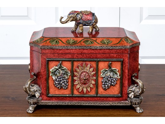 Ornately Decorative Hinged Jewelry Casket With Elephant Motifs