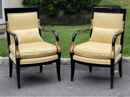 Pair Of Century Furniture. Egyptian Revival Black Lacquered Armchairs
