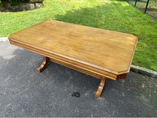 Stately Well Carved And Finished Trestle Table On Two Ends With Glass Top