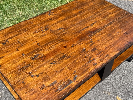 Awesome Industrial Iron Bound Wooden Two Tier Cocktail Table On Large Casters