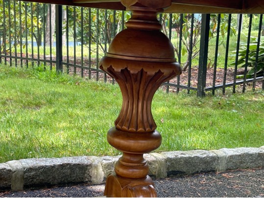Stately Well Carved And Finished Trestle Table On Two Ends With Glass Top