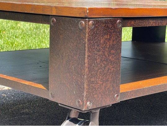 Awesome Industrial Iron Bound Wooden Two Tier Cocktail Table On Large Casters