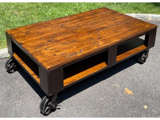 Awesome Industrial Iron Bound Wooden Two Tier Cocktail Table On Large Casters