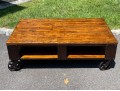 Awesome Industrial Iron Bound Wooden Two Tier Cocktail Table On Large Casters