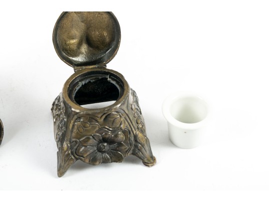 Antique Brass & Bronze Lion Inkwells