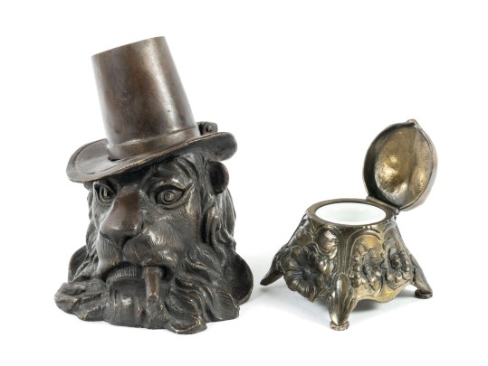 Antique Brass & Bronze Lion Inkwells