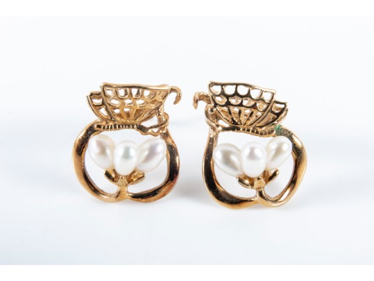 Franklin Mint 14k Yellow Gold Cultured Pearl Butterfly-Motif Earrings And Pendant